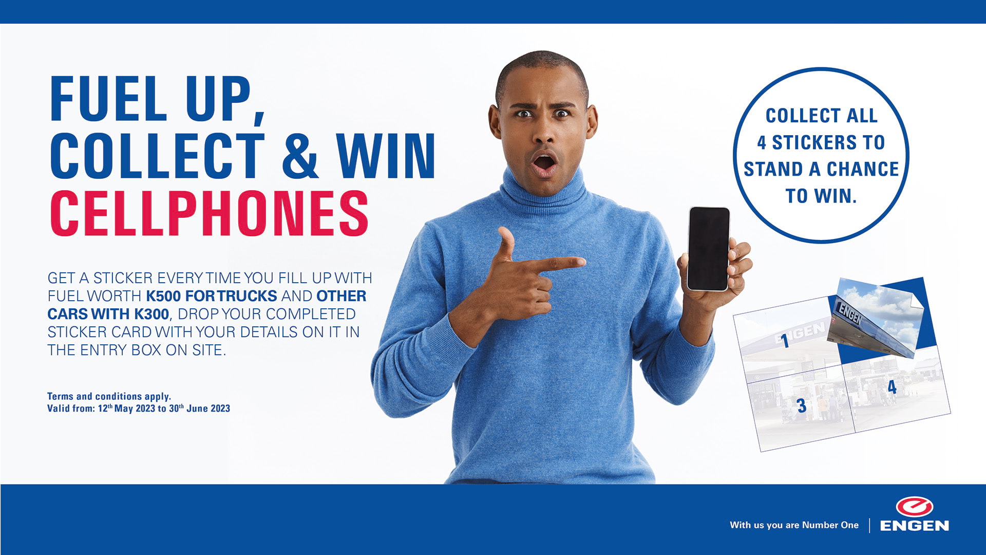 A man pointing to his cellphone with text "Fuel Up, Collect & Win Cellphones"